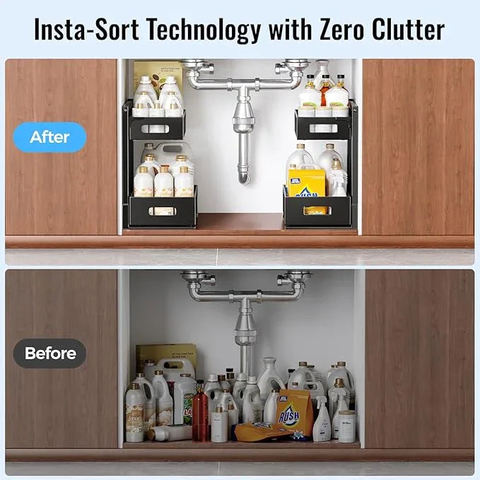 2 Pack Under Sink Organizer and Storage, Metal Under Kitchen Sink Organizer, Slide Out Bathroom Organizers and Storage, Undersink Organizers for Kitchen Bathroom Cabinet - NeatNest