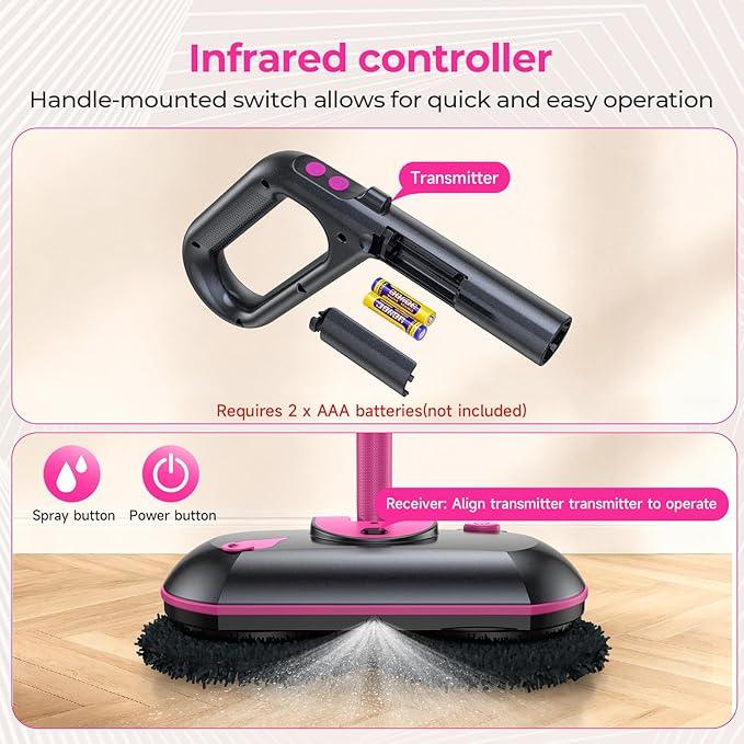 ScrubWiz Electric Spin Mop with Water Sprayer, Cordless Self-Propelled Floor Cleaner for Hardwood & Tile, Quiet Cleaning, Adjustable Handle, 2500mAh Long-Lasting Battery, 300ml Tank, Pink - NeatNest