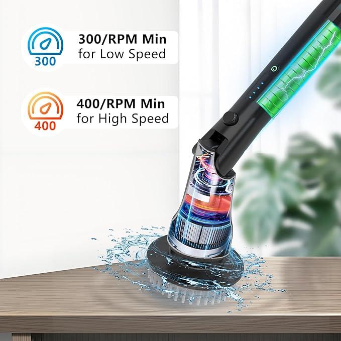 Electric Spin Scrubber, Hillyfe Bathroom Scrubber Electric with 7 Replaceable Brush Heads, IPX7 Waterproof,300/400 RPM, 3 Adjustable Length,Scrubber Brush Electric for Bathtub Floor,Black - NeatNest