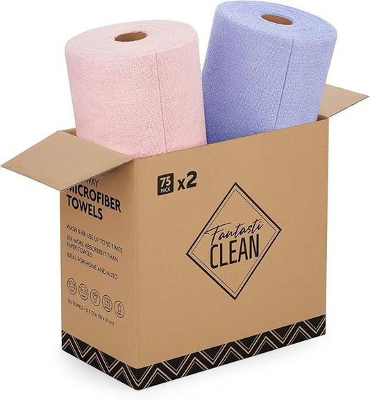 Fantasticlean Microfiber Cleaning Cloth Rolls -150 Pack, Tear Away Microfiber Towels, 12" x 12", Reusable, Washable, Ultra Absorbent Dishcloth for Home Supplies, Car, Pet, Kitchen (Pink & Lavender) - NeatNest