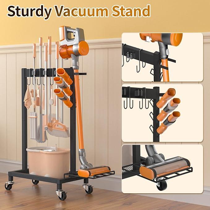 Broom Holder with Cleaning Supplies Organizer Load 160 LBS Cleaning Cart with Wheels Broom Closet Storage with 6 Mop Hanger Grippers, 3 Double-Hooks, Vacuum Stand for Laundry Garage Organization - NeatNest