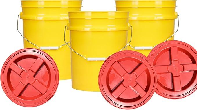 House Naturals 5 Gallon Plastic Yellow Food Grade BPA Free Made in USA Bucket Pail with Air Tight Double Gasket Screw on Lid(Pack of 3) (Yellow and Red lids) - NeatNest
