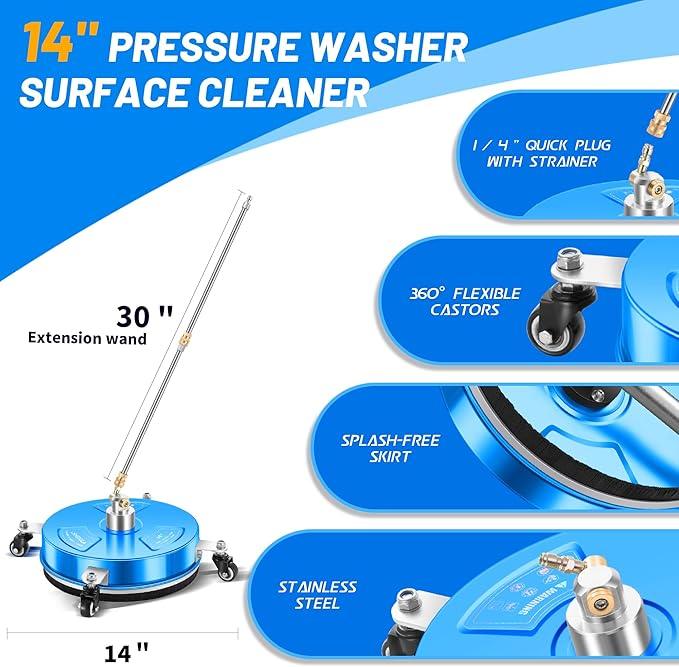 14" Pressure Washer Surface Cleaner with 4 Wheels - Coated Blue Stainless Steel Surface Cleaner for Pressure Washer Attachment for Concrete, Driveway, Patio, Sidewalk, Deck and Driveways - PWS14B - NeatNest