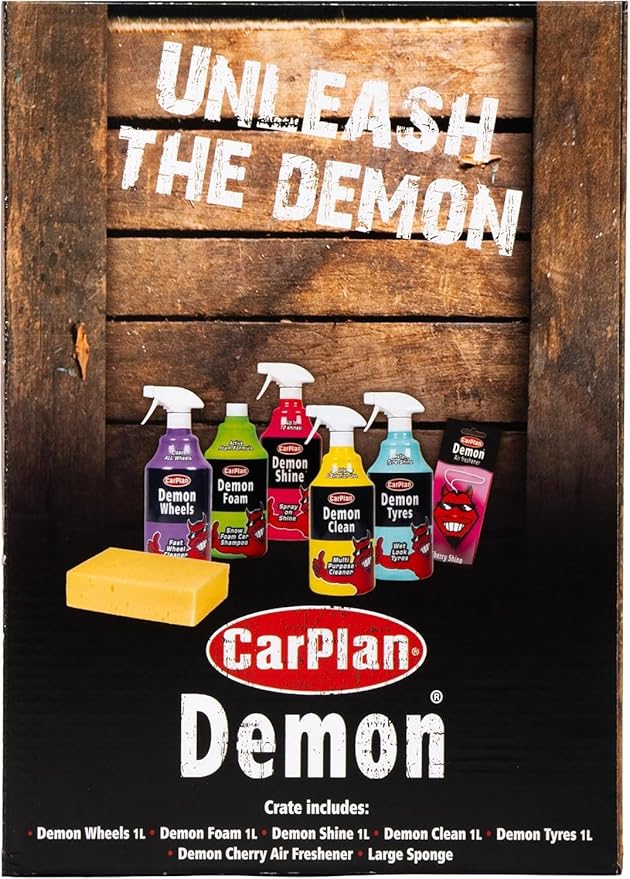 CarPlan Demon Car Wash Kit - 7 Piece Set Includes Car Wash Soap, Wheel Cleaner, Tire Shine, Interior Cleaner, Demon Shine, Air Freshener & Sponge