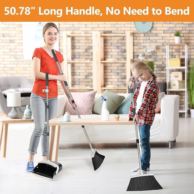 Broom and Dustpan Set, Heavy Duty Dust Pan with Long Handle 51 Inch Broom with Dustpan Combo Set Upright Self-Cleaning Dust Pan Home Kitchen Lobby Indoor Outdoor Sweeping Cleaning Tool - Gray - NeatNest