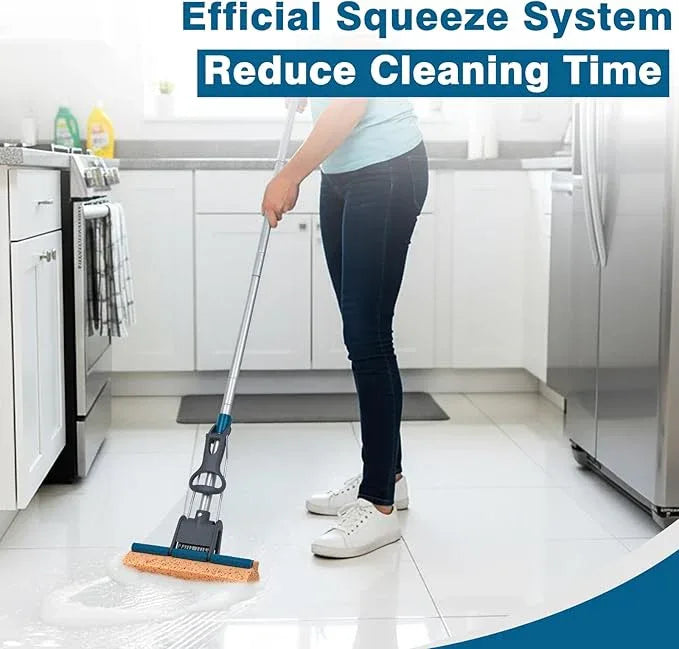 Sponge Mop for Floor Cleaning, 50" Heavy Duty Roller Mop with 4 Cellulose Refill Heads, Easy Self-Squeeze for Hardwood Tile Concrete, Wall Ceiling - NeatNest