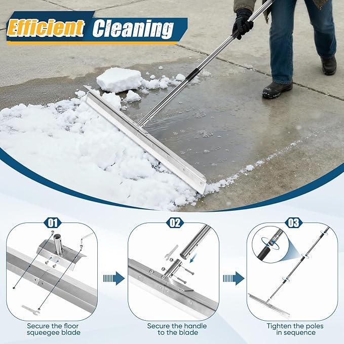 CAROD 33.4" Large Floor Squeegee for Concrete, Industrial Silicone Blade Squeegee for Floor with 63" Stainless Handle, Anti-Splash Curved Baffle Design for Garage, Factory, and Tough Cleaning Jobs - NeatNest