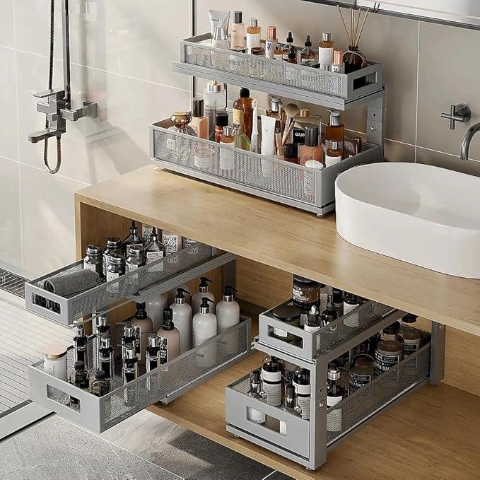 2 Pack 21.3IN-Depth Under Sink Organizer with Next-Gen Ball-Bearing Slides,2-Tier Pull Out Cabinet Storage,Height Adjustable Drawer Shelf for Bathroom,Kitchen,Laundry,Cabinet,Pantry-Gun Gray - NeatNest