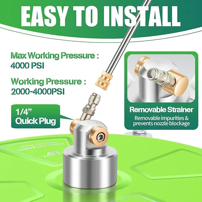 15“ Pressure Washer Surface Cleaner with 4 Wheels - Coated Green Stainless Steel Surface Cleaner for Pressure Washer Attachment for Concrete, Driveway, Patio, Sidewalk, Deck and Driveways - PWS15G - NeatNest