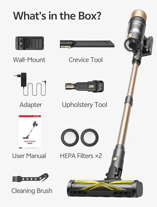 Ultenic Cordless Vacuum Cleaner, 550W 50KPA 65min Runtime, Stick Vacuum with Green Light, Self-Standing & 180° Lay-Flat, Anti-Tangled Brush, Vacuum Cleaners for Home/Hard Floor/Carpet/Pet Hair, U15 - NeatNest
