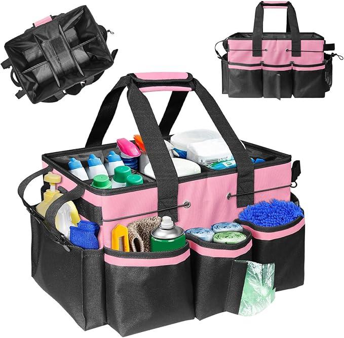 Boczif Cleaning Caddy Bag Wearable, Cleaning Caddy Supplies Organizer with Handle, Shoulder Straps & Detachable Divide, Cleaning Tool Organizers Tote Bag for Cleaners & Housekeepers(Pink) - NeatNest