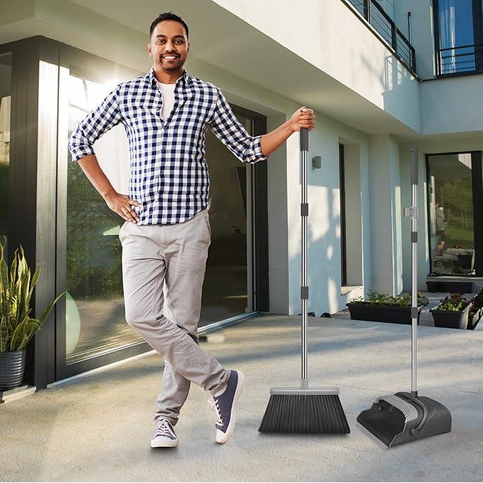 kelamayi Broom and Dustpan Set for Home, Office, Indoor&Outdoor Sweeping, Stand Up Broom and Dustpan (Black&Gray) - NeatNest