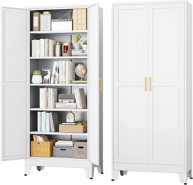 White Metal Storage Cabinet,75" Steel Cabinets for Home Office, Kitchen Pantry Storage Cabinet with Doors and 5 Adjustable Shelves, Tool Cabinets, for Office, Home, Garage, School - NeatNest