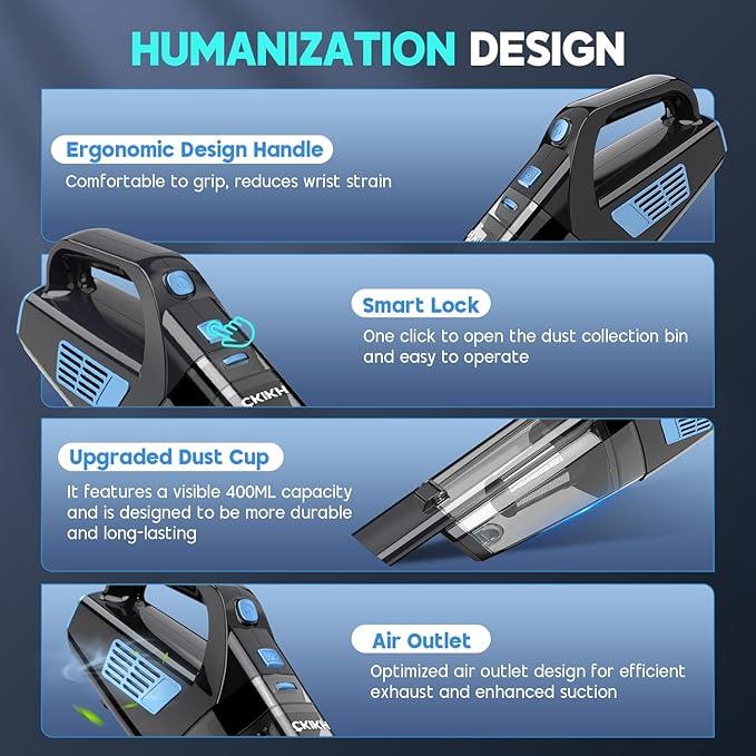 Handheld Vacuum Cordless, 15000PA Strong Suction Hand Held Car Vacuum Cleaner Portable with Multi-Nozzles & Washable Filter, Lightweight Dust Busters Rechargeable for Home, Car, Office, Pets - NeatNest