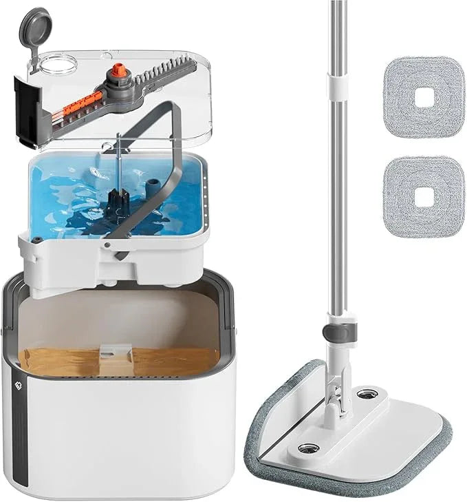 Upgraded Self-Standing Spin Mop and Bucket System, Detachable Inner Mop Bucket Separates Dirty Water & 90° Foldable Head, Triple-Scrub System, 0.9Gal Dual Drainage, for Hardwood Floors (White 2 Pads) - NeatNest
