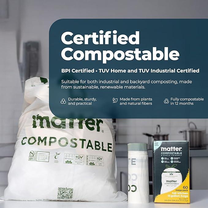 Matter Compostable 13 Gallon Tall Kitchen Trash Bags with Drawstring, Eco-Friendly, Unscented, Durable, Leak-Resistant, 60 Count - NeatNest