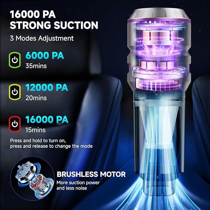 Handheld Vacuum Cordless, Car Vacuum Cleaner with Brushless Motor, Strong Suction Vacuum & Compressed Air Dusters with LED Light, Type C Port, Wireless Mini Portable Hand Vacuum Blower for Home, Pet - NeatNest