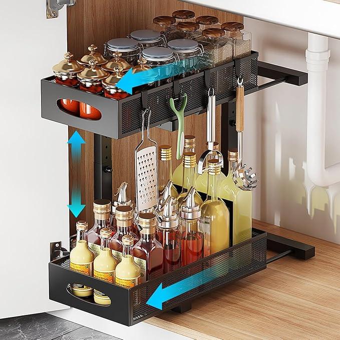 Under Sink Organizer, 2-Tier Pull Out Cabinet Organizer with Adjustable Height, Use in Kitchen Bathroom Cabinet and Countertop Storage, Black - NeatNest