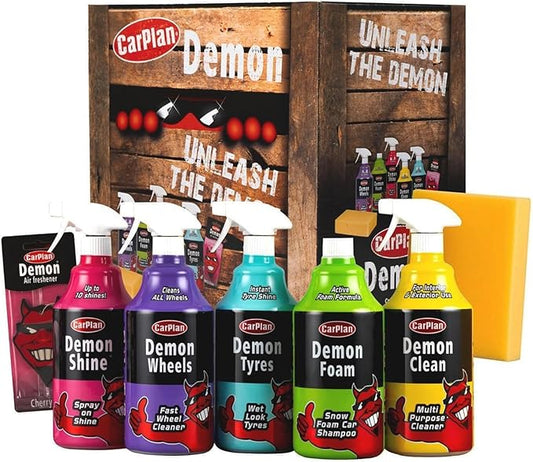 CarPlan Demon Car Wash Kit - 7 Piece Set Includes Car Wash Soap, Wheel Cleaner, Tire Shine, Interior Cleaner, Demon Shine, Air Freshener & Sponge