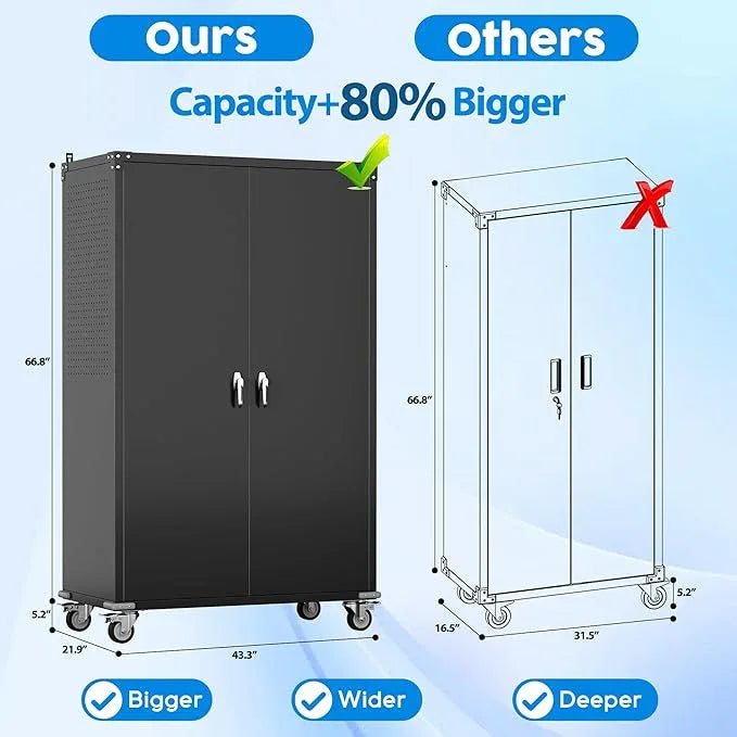 2025 Upgraded Wide & Deep Garage Storage Cabinet with Wheels, Lockable Metal Storage Cabinet with Pegboards and 9 Hooks, 2 Tool Pouches for Garage,4 Adjustable Shelves (Black,43''W x 22''D x 72''H) - NeatNest