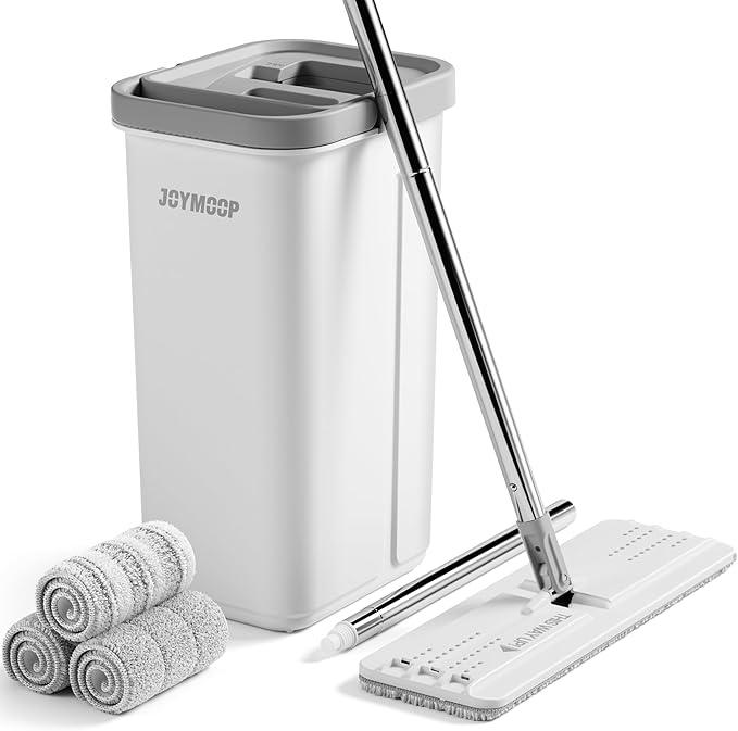 JOYMOOP Mop and Bucket with Wringer Set, Hands Free Flat Floor Mop and Bucket, 60" Mop with 3 Reusable Microfiber Pads, Wet and Dry Use, Floor Cleaning System - NeatNest