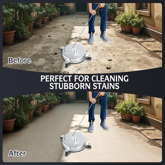 RAYNEL 14'' Pressure Washer Surface Cleaner with 4 Wheels, Stainless Steel Housing, 1/4" Quick Plug, 2 Extended Wands, 2 Replacement Nozzles - NeatNest