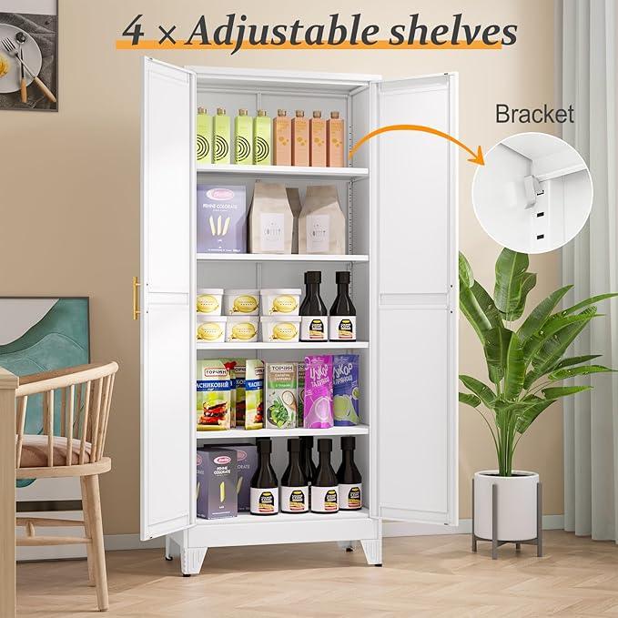 White Pantry Storage Cabinet,71" Kitchen Pantry with Doors and 4 Adjustable Shelves, Metal Storage Cabinet, for Office, Home, Garage, School - NeatNest