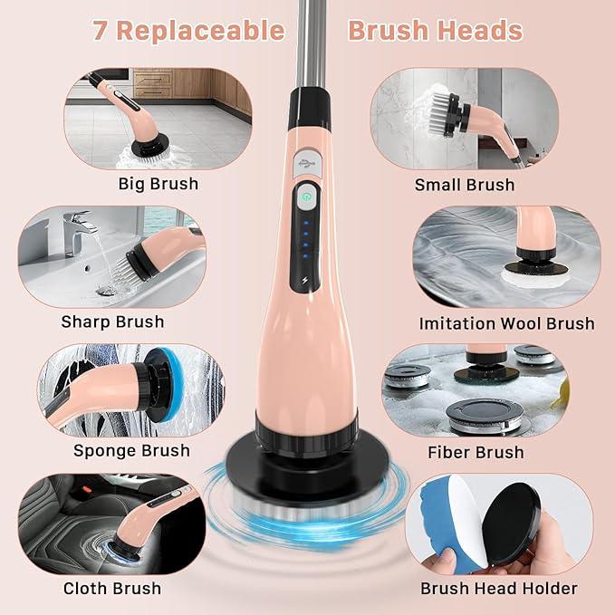 Electric Spin Scrubber, Cordless Cleaning Brush, Shower Scrubber with 7 Replaceable Brush, 2 Speeds and Adjustable Extension Handle for Bathroom Shower Bathtub Glass Car(Pink) - NeatNest
