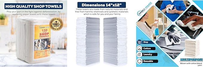 SIMPLI-MAGIC Cotton Shop Towels 14"x12" (145 Pack) – Reusable Cleaning Shop Rags for Automobiles, Industries, Garage and Homes (White) - NeatNest