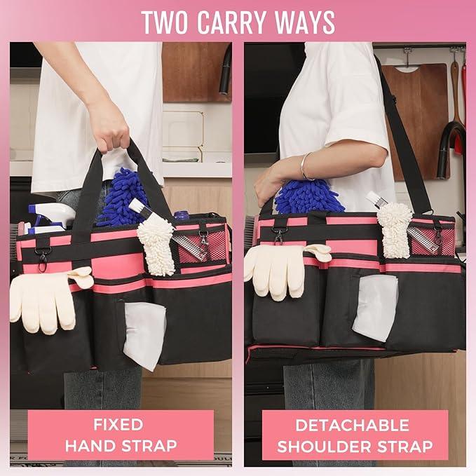 Wearable Cleaning Caddy, Cleaning Caddy Supplies Organizer with Handle & Shoulder Straps for Housekeepers, Under Sink & Car Cleaning Tool Organizers Bag with 4 Foldable Divider (OleanderRed) - NeatNest
