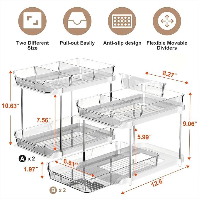Delamu 2-Tier Multi-Purpose Bathroom Under Sink Organizers and Storage, Stackable Kitchen Pantry Organization, Pull Out Medicine Cabinet Organizer with Movable Dividers, Grey, 4 Pack - NeatNest
