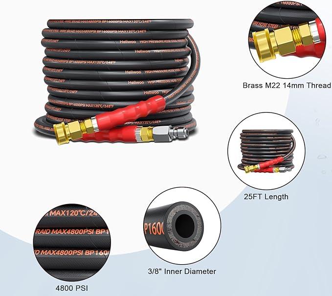 Pressure Washer Hose 25FT 3/8", 4800PSI No Marking Kink Free Hose with Quick Connect Ends and Adapters for Hot & Cold Water up to 140°F, Steel Wire Braided Hose for Power Washing - NeatNest