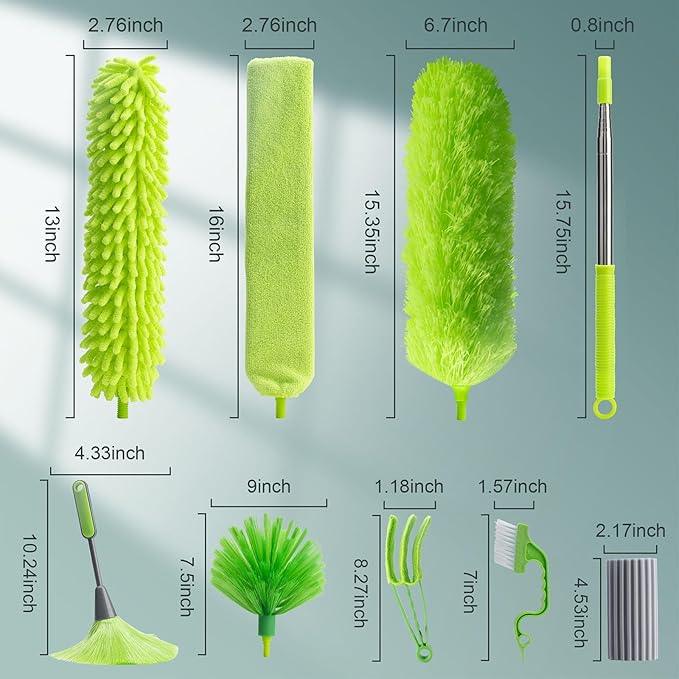 Microfiber Duster with Extension Pole 30 to 100'', Bendable Reusable Washable Feather Dusters for Cleaning High Ceiling Fan, Cobweb, Blinds, Keyboard, Furniture & Cars, Green Gift for Women (11 PCS) - NeatNest