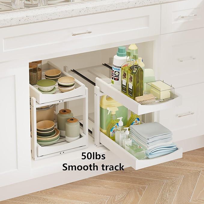 Bamboo Under Sink Organizer Adjustable Height 2 Tier Bathroom Organizer Pull Out Cabinet Storage Kitchen Heave Duty Wood Slide Ou Shelf for Kitchen Bathroom (White, 2 Packs) - NeatNest