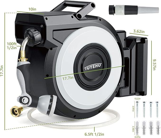 Tuyeho Retractable Garden Hose Reel 100FT, Wall Mount Heavy Duty Water Hose Reels with Automatic Slow Rewind System, Outdoor Hoses Reel with 2 Hose Nozzles for Garden Watering, Car Wash, Pet Shower - NeatNest