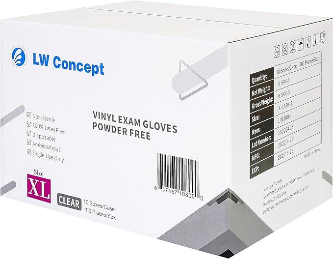 LW Concept Clear Vinyl Exam Gloves for Medical/Food Safe/Cleaning/Handling Use Multipurpose Latex & Powder Free, 3.5 mil (LW3004, X-Large, Case of 1000) - NeatNest