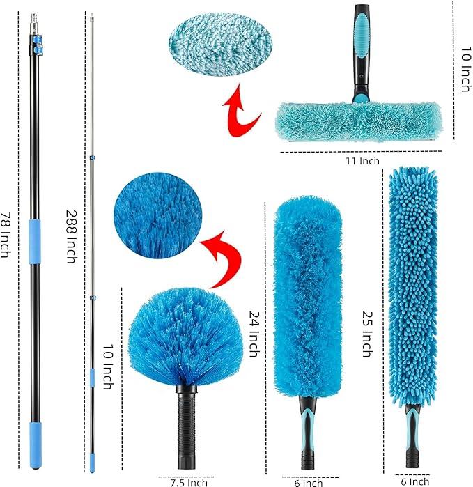 30 Foot High Ceiling Fan Duster with 6-24 Foot Extension Pole, Extendable Reusable Cobweb, Feather, Window Cleaning Squeegee Kit - NeatNest