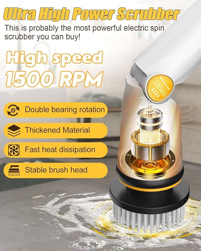 Qimedo Electric Spin Scrubber with Two Batteries Q2 Pro,1500 RPM High Power Electric Scrubber for Cleaning,Shower Cordless Cleaning Brush with Display for Tub/Tile/Floor (Effortless Handle/8 Brushes) - NeatNest