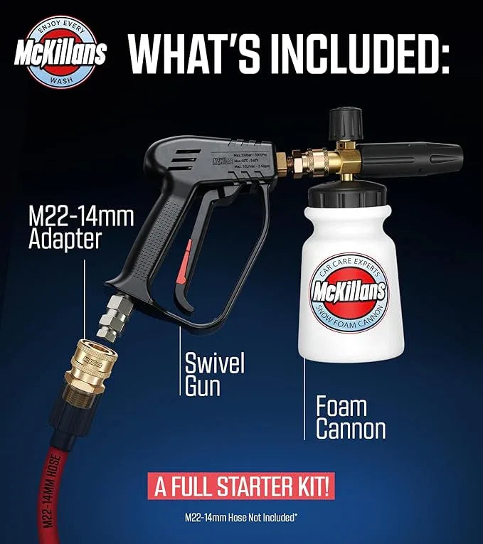 McKillans Pressure Washer Gun with Swivel & Foam Cannon Wide Mouth & M22-14mm Adapter - Adjustable Thick Foam - Power Washer Gun - 3/8" Male Plug & 1/4” Quick Connector Coupler - NeatNest