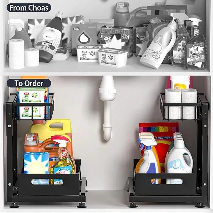 2 Pack Pro Under Sink Organizer Storage: Premium Metal 2-Tier Pull-Out Wire Basket Organizer, L Shape Height Adjustable, Easy Installation | Kitchen & Bathroom Cabinet Organizers - NeatNest