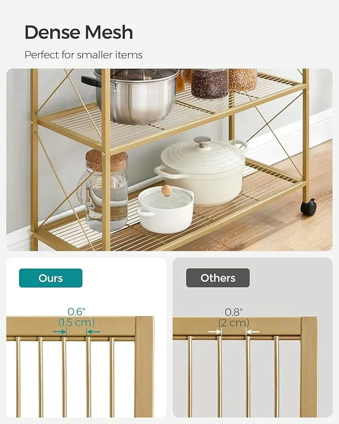 SONGMICS 3-Tier Metal Storage Rack with Wheels, Mesh Shelving Unit with X Side Frames, 31.5-Inch Width, for Entryway, Kitchen, Living Room, Bathroom, Industrial Style, Metallic Gold UBSC183A01 - NeatNest