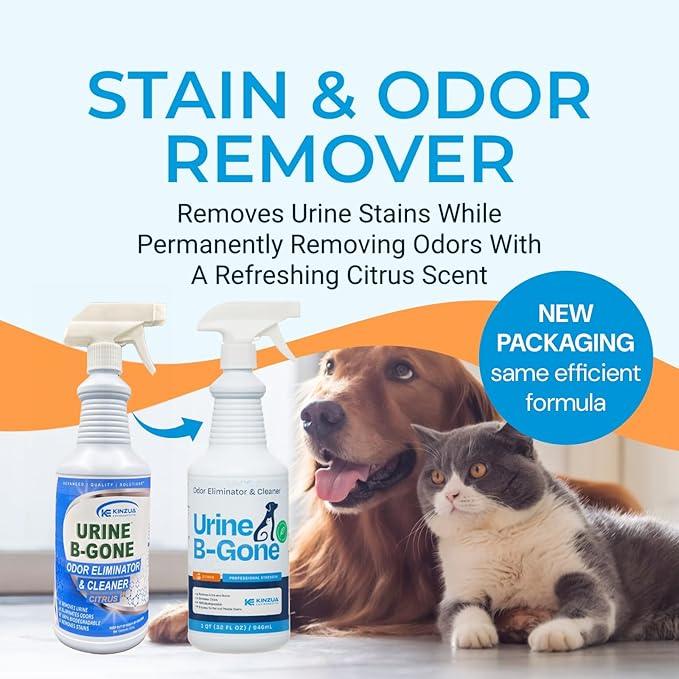 KINZUA ENVIRONMENTAL Urine B-Gone, Professional Enzyme Odor Eliminator & Pet Stain Remover, Human, Cat & Dog Urine Cleaner, Effective on Laundry, Carpets & More, Citrus Scent, 32oz, Pack of Two - NeatNest