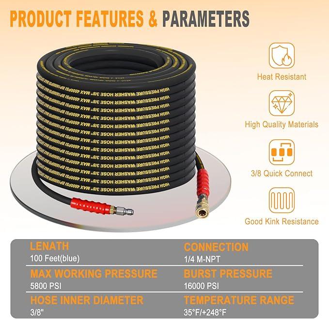 3/8" Pressure Washer Hose 100ft -Black 4800 PSI Kink Resistant Steel Wire Braided Industrial Grade Power Washer Hose for Hot/Cold Water up to 248°F with 2 M22 14mm Quick Connect Ends and Adapters Kits - NeatNest