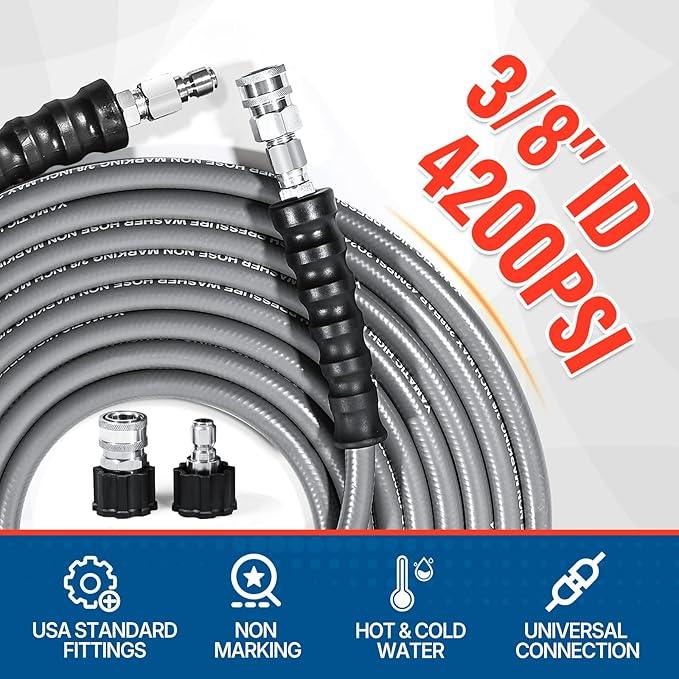 YAMATIC 3/8" Pressure Washer Hose 50FT with Stainless Steel Swivel Quick Connect, 4200 PSI Non Marking Rubber Wear Resistant Steel Braided Industry Grade for Hot/Cold Water Gas Power Washer - NeatNest