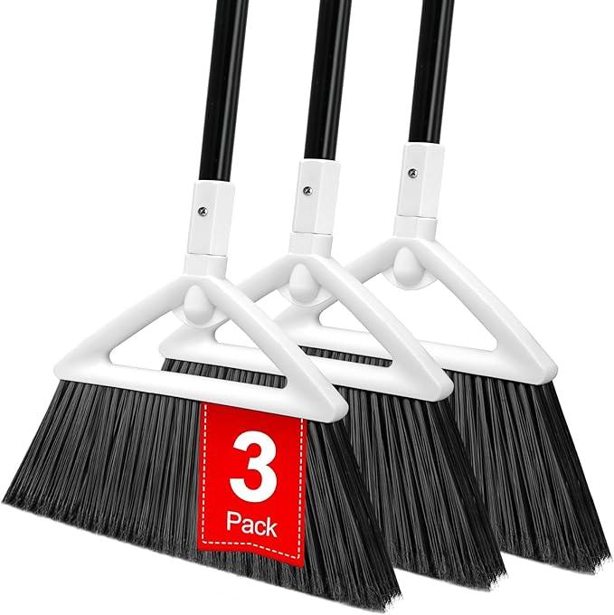3 Pack Outdoor Indoor Broom, Brooms for Sweeeping Indoor, Heavy-Duty Kitchen Broom with Long Pole, Angle Broom White for Garages Restaurant Courtyard Office Slidewalk Lobby Sweep Dust - NeatNest