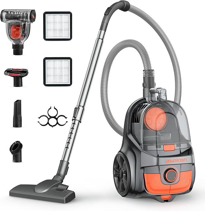 Aspiron Canister Vacuum, Upgraded 1600W Bagless Canister Vacuum Cleaner, Auto Cord Rewind, H13 HEPA Filter, 4Qt Large Capacity, 5 Tools for Hard Floors, Carpet, Pet, Upholstery, Tiles, Apricot - NeatNest