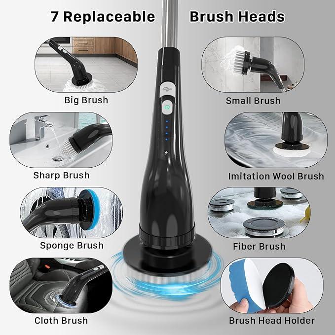 Electric Spin Scrubber, Cordless Cleaning Brush, Shower Scrubber with 7 Replaceable Brush, 2 Speeds and Adjustable Extension Handle for Bathroom Shower Bathtub Glass Car(Black) - NeatNest