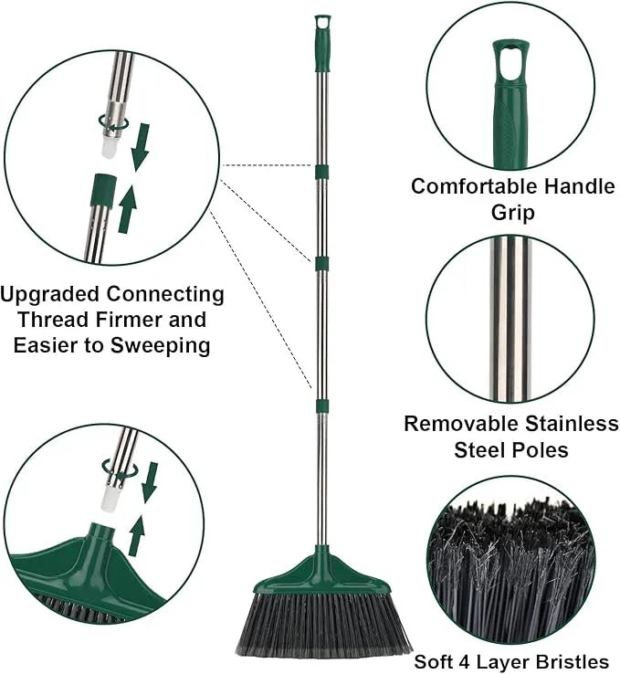 4 PCS Heavy Duty Broom Outdoor/Indoor Commercial Broom with 61" Long Handle,Perfect for Home Garage Kitchen Office Lobby Room Floor,Black and Green - NeatNest
