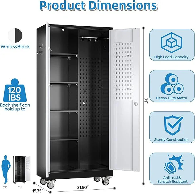 SUXXAN Broom Closet Storage Cabinet with Wheels 71.4"x 31.5"x15.7", Metal Cleaning Cabinets with Hooks and Hanging Rods, Lockable Cabinet with Pegboard, Adjustable Shelf(Black/White) - NeatNest