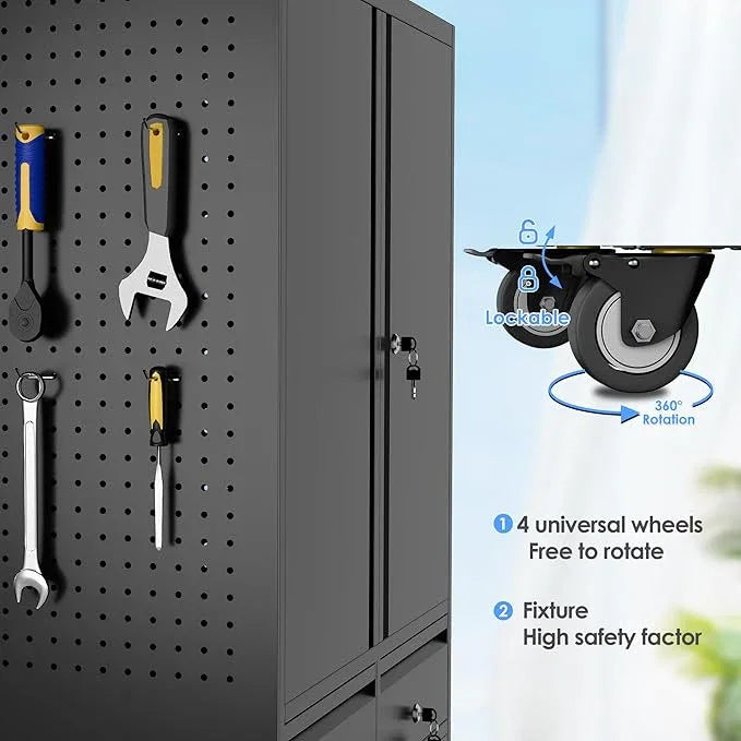 SUXXAN 71" Metal Garage Storage Cabinet with 8 Hooks and Pegboards,2 Drawer Rolling Tool Storage with Locking Doors and Adjustable Shelves,Heavy Duty Steel Tool Cabinet for Garage, Warehouse - NeatNest